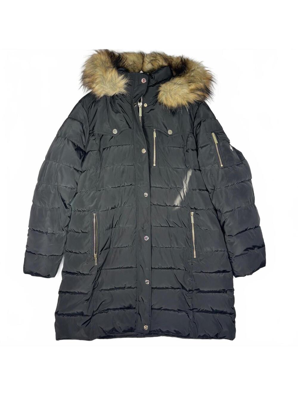 Michael Kors Women XL Black Long Puffer Coat Faux Fur Hood Gold Zip